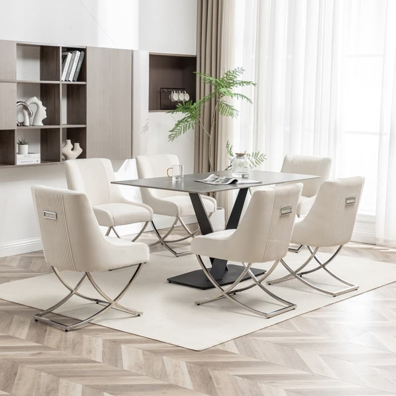 Modern Contempoary Velvet Dining Chair Set of 6 with Metal Frame Legs and Back Pull