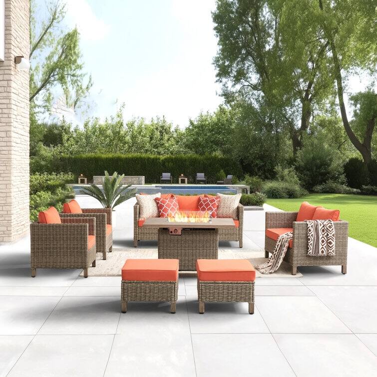 9 - Person Outdoor Wicker Patio Conversation Furniture Set With Fire Pit Table