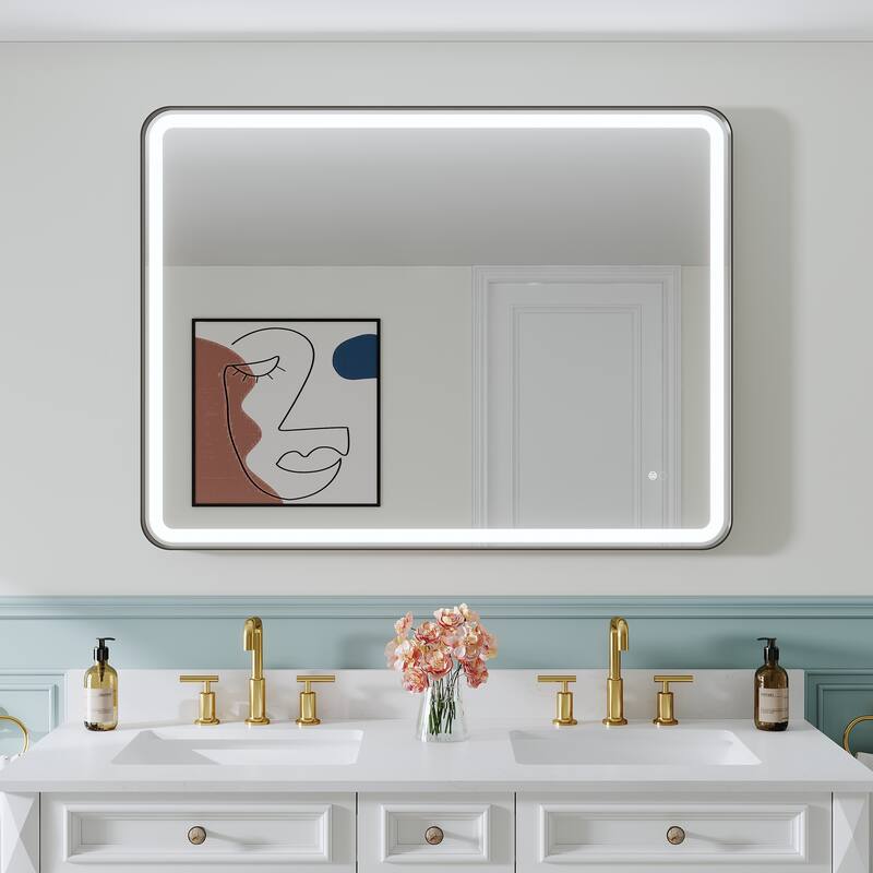 Wall Mounted Bathroom Framed LED Mirror With Anti- Fog,Memory Function And Dimmable Light Touch Sensor - 48"Wx36"H - Matte Black