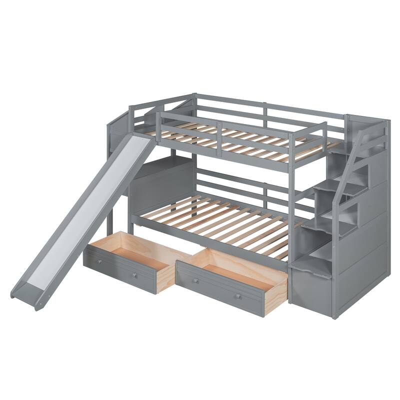 Twin Over Twin Bunk Bed with Storage Staircase, Slide, Drawers, and Desk, Gray