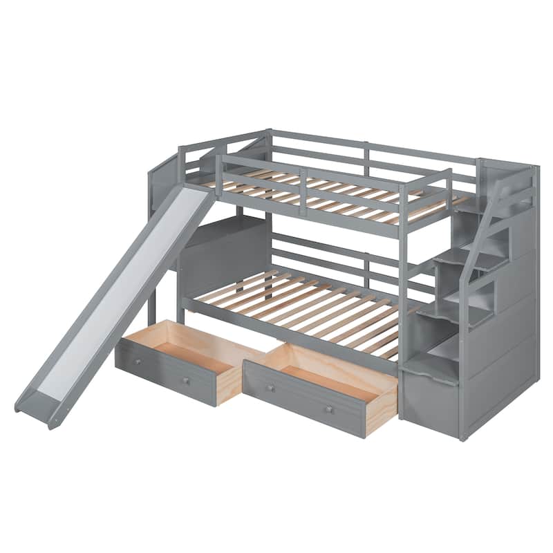 Wooden Bunk Bed w/Desk, Twin Over Twin Bed Frame w/Drawers Slide