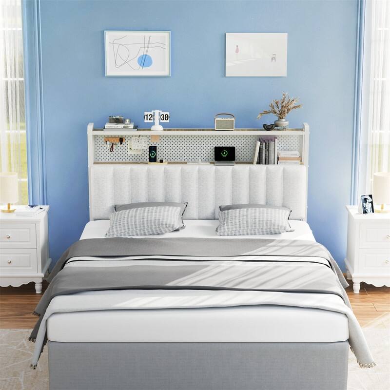 Adjustable Upholstered Headboard with 2 Tier Shelves with Charging Stations and LED Lights, Modern Bed Headboard with Storage