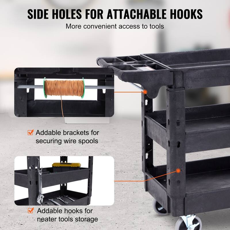 Black Heavy Duty Plastic Rolling Utility Service Cart with 3 Storage Shelf and Lockable Swivel Wheels - 40.70 x 17.13 x 33.74 in