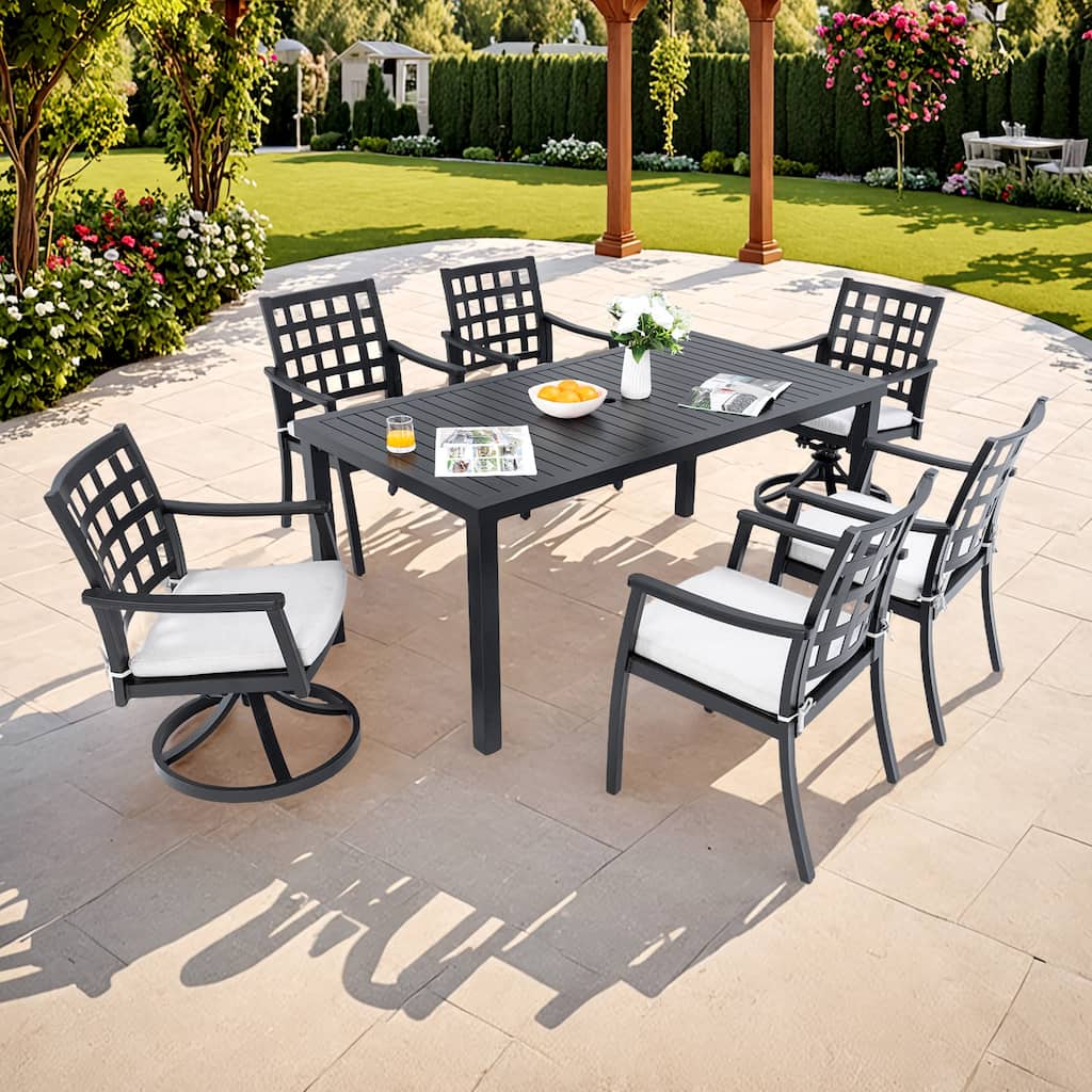 Outdoor 7-Piece Aluminium Dining Table Set with Parasol Hole, Patio Dining Table Set with 6 Dining Chairs & Removable Cushion