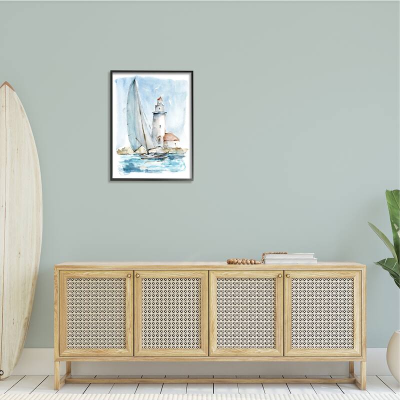Stupell Lighthouse Tower Beacon Sea Sail Boat Nautical Outdoors Framed Wall Art, Design by Ethan Harper - Blue
