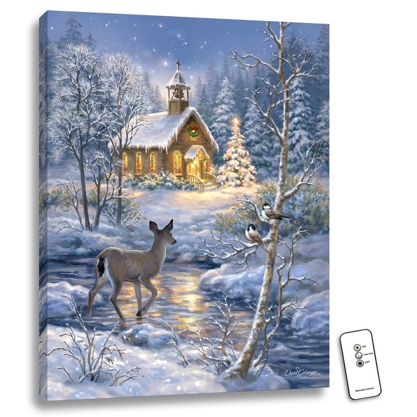 24" x 18" Blue and White Chapel in the Snow Back-lit Wall Art with Remote Control - N/A