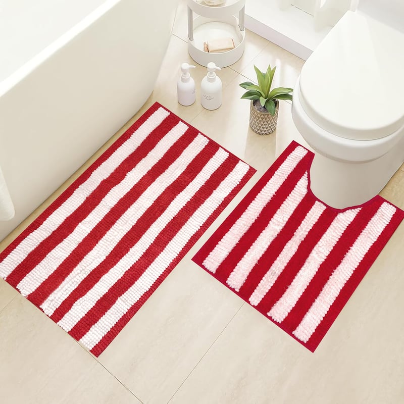 2 Piece Set Red Stripe Soft Cozy Plush Chenille Bath Mat Bathroom Rug - 30"x20"R+20"x20"U - Red