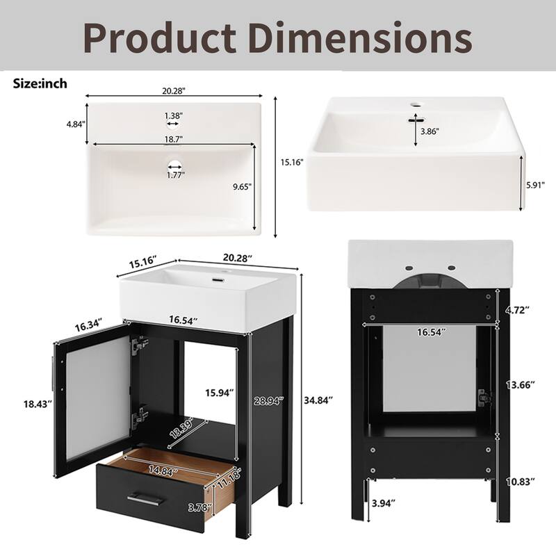 20" MDF Bathroom Vanity with Ceramic Integrated Basin, Solid Wood Legs