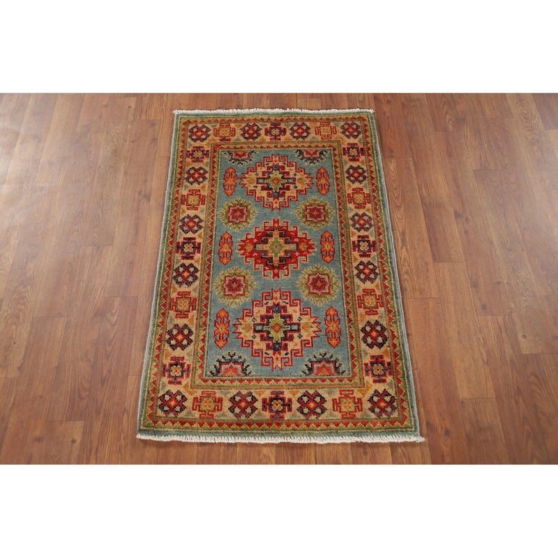 Geometric Blue Kazak Oriental Foyer Rug Handmade Wool Carpet - 2'0" x 3'1"
