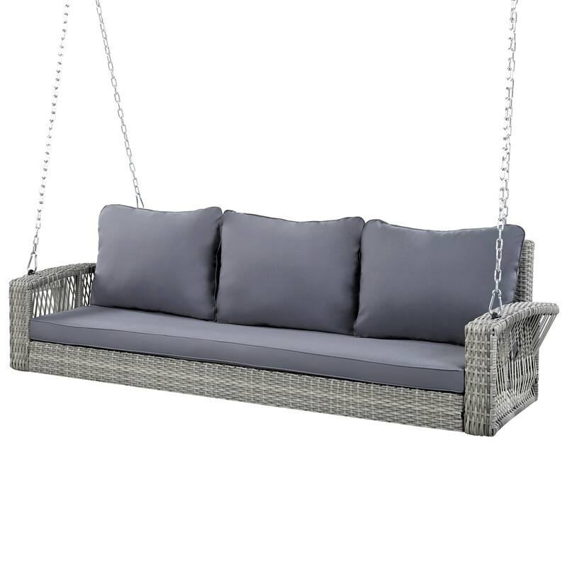 3-Person Wicker Porch Swing with Chains and Cushions for Relaxing in Your Backyard or Garden