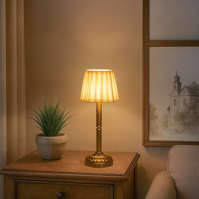 ALOADECOR Glam Cordless Brass Table Lamp Touch Control with 3 Way Classic Elegant Dimmable LED Nightstand Lamp with Fabric Shade