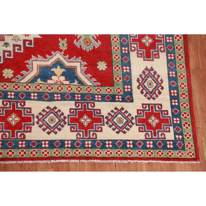 Hand Knotted Oriental 100% Wool Carpet Traditional Geometric Red Kazak Area Rug - 11' 0'' X 8' 2''