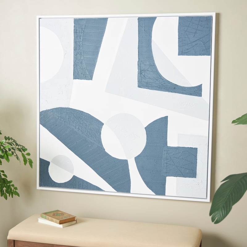 Canvas Abstract Textured Framed Wall Art with Various Geometric Shapes On A White Background - Blue - Roche River Decor