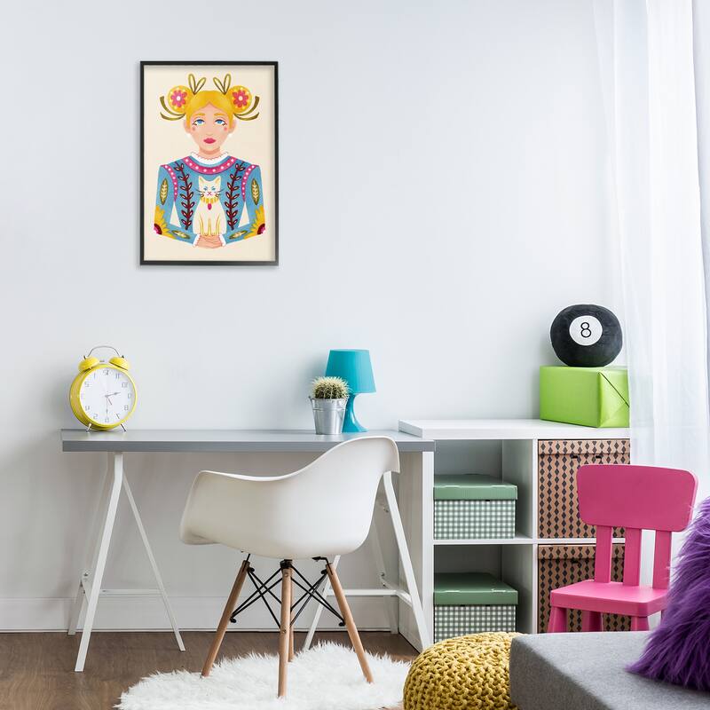 Stupell Blonde Folk Girl with Cat Framed Giclee Art Design By Hannah Moren