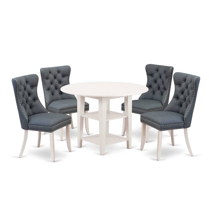 5-Piece Linen White Finish Solid Wood Top - Round Dining Room Set - Seats 4