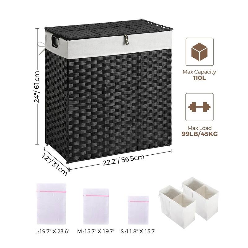 Laundry Hamper with lid,110L Wicker Laundry Baskets Foldable 2 Removable Liner Bags,2 Section Clothes Hamper Handwoven Rattan