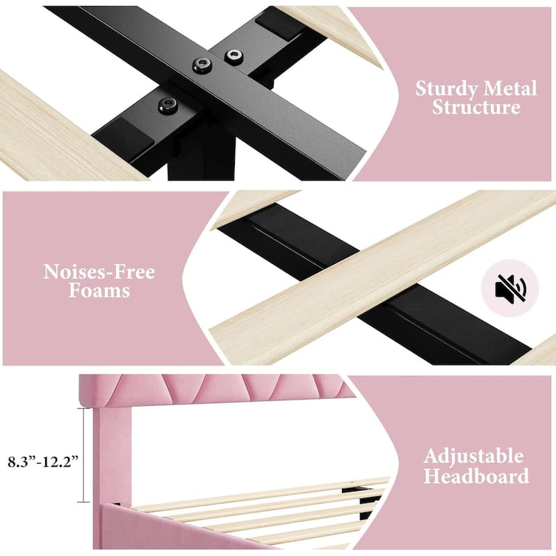 Platform Bed Frame with Upholstered Headboard, Wood Slats Support, No Box Spring Needed, Noise-Free & Easy Assembly