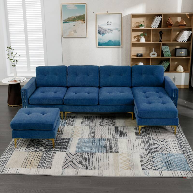 L Shaped Convertible Sectional Sofa with Ottoman, Velvet Fabric 5 Seater Sofa, Upholstered Sofa with Chaise & Storage Pockets