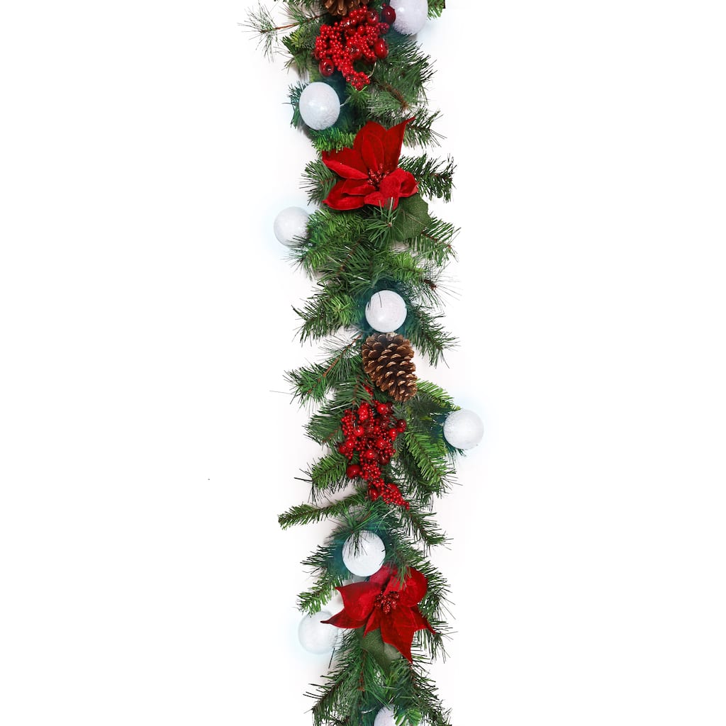6ft Artificial Mixed Velvet Poinsettia Berry Pine Cone & Pine Christmas Garland with Woven Globe String Light Set
