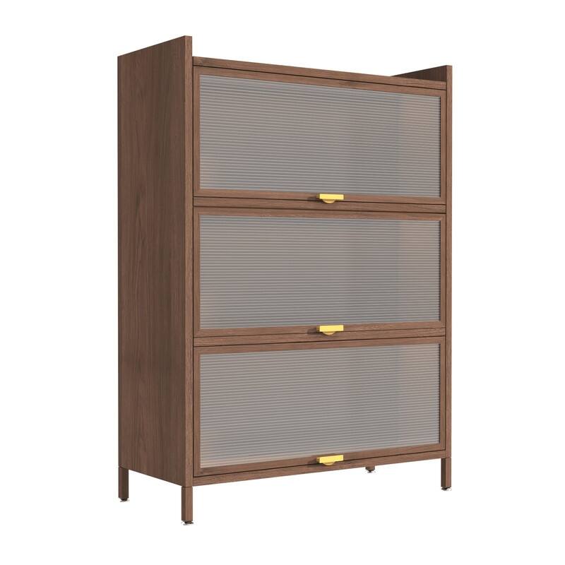 44" Walnut Finish Steel Storage Cabinet - 3-Tier Flip Door Organizer