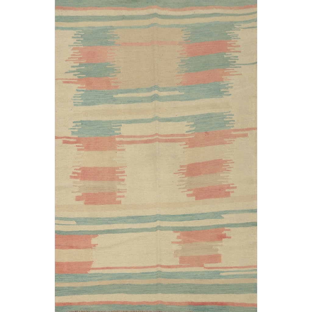 Hand Woven Oriental 100% Wool Carpet Southwestern Tribal Beige & Ivories Kilim Area Rug - 5' 8'' X 3' 10''