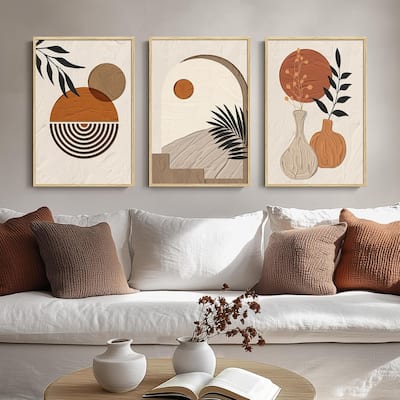 Set of 3 Piece Neutral and Orange Canvas Paintings Artwork