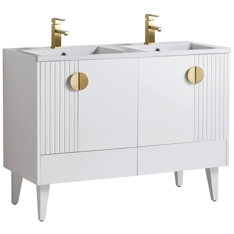 Venezian 48-inch Bathroom Vanity Set - Two Sinks - White - Satin Brass Handles