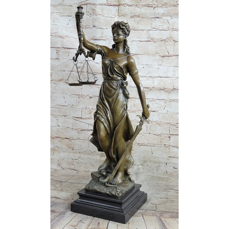 Real Bronze Metal Statue With Marble Lady Blind Justice Scales Lawyer Sculpture