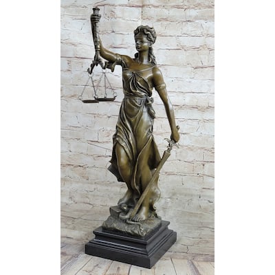 Real Bronze Metal Statue With Marble Lady Blind Justice Scales Lawyer Sculpture