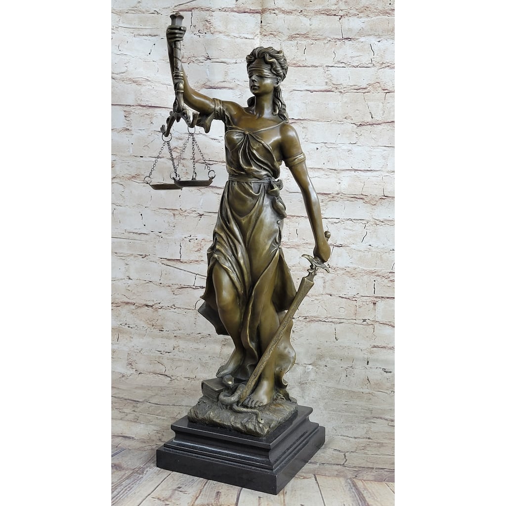 Real Bronze Metal Statue With Marble Lady Blind Justice Scales Lawyer Sculpture