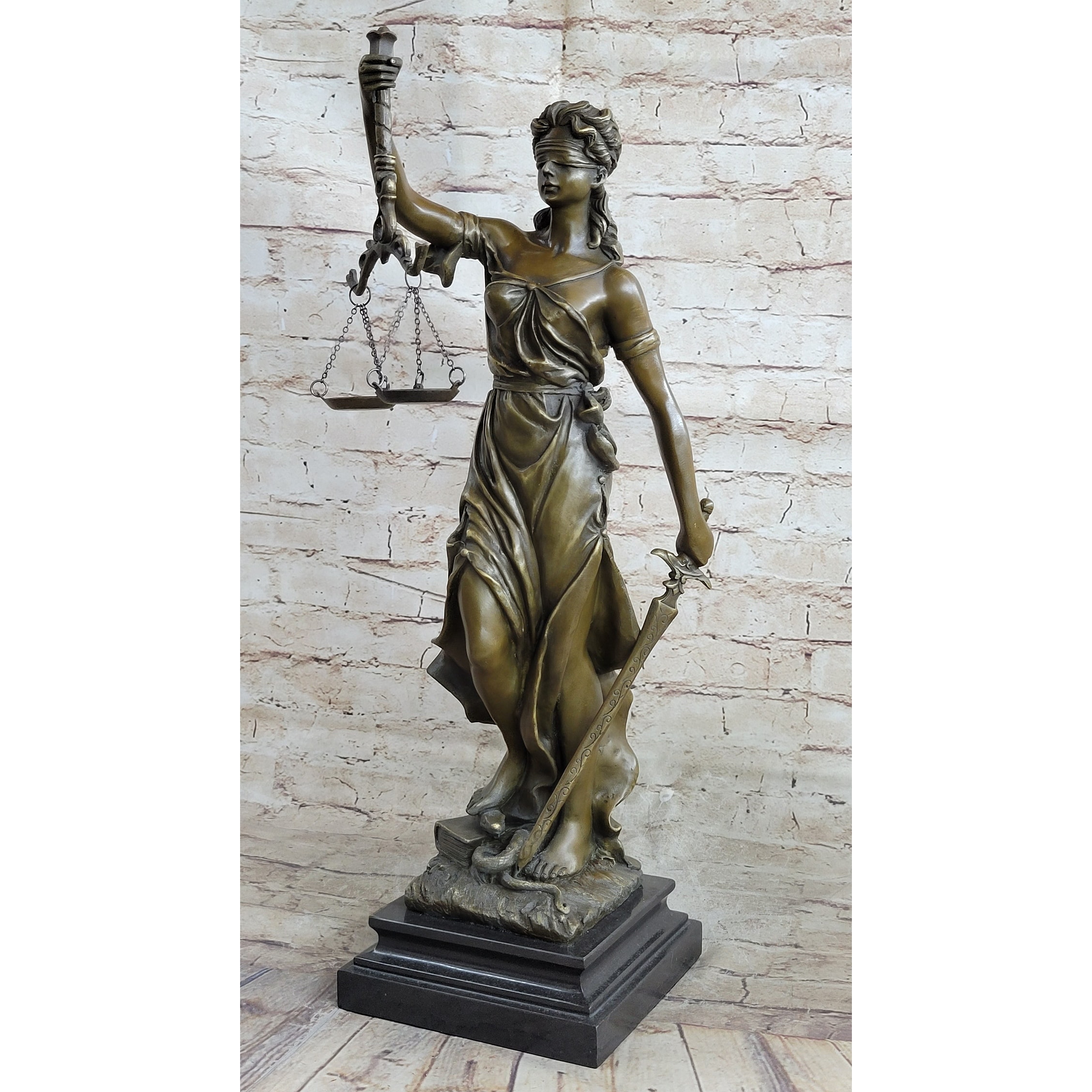 Real Bronze Metal Statue With Marble Lady Blind Justice Scales Lawyer Sculpture
