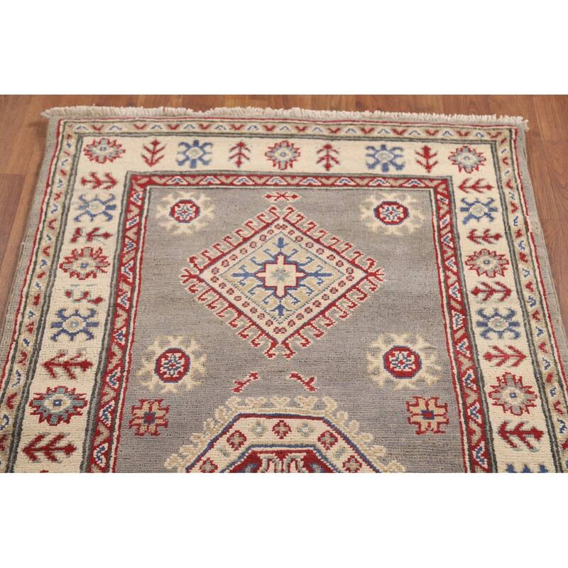 Geometric Grey Kazak Runner Rug Handmade Wool Carpet - 2'10" x 19'7"