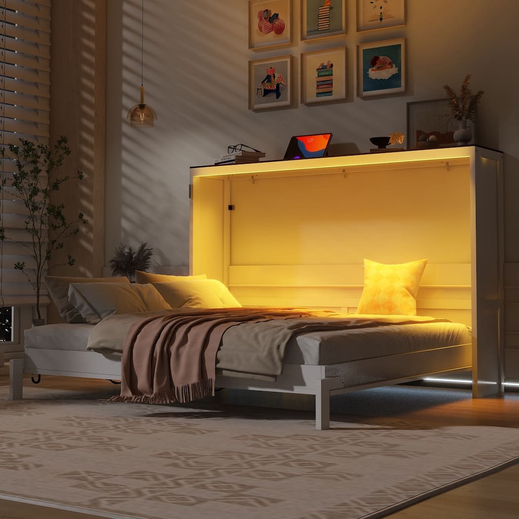 Wooden Murphy Bed with Desk and LED Light/Foldable Wall Bed Cabinet/Hydraulic Lift System/Wood Slats Support/Space-Saving Design