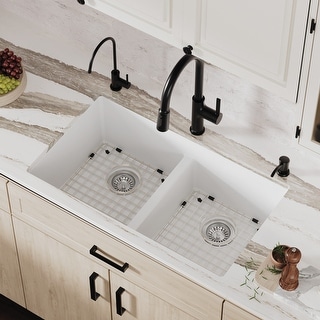 Karran 32" Undermount Double Equal Bowl Quartz Kitchen Sink Kit - 32" x 19.5" x 9"