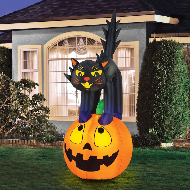 Novelty Lights Pumpkin Patch Halloween Inflatables, Pumpkin Yard Decor, 8.5 Feet - CAT ON PUMPKIN