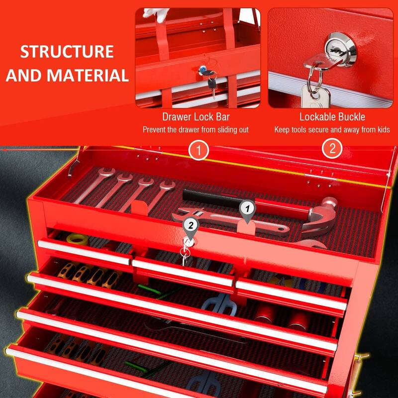 2 in 1 Rolling Tool Chest with Lock Tool Box Garage Storage Cabinet