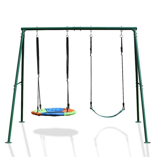 slide 2 of 9, Swing Sets for Backyard 440LBS 2 Seat, Swing with Stand, Swing Set for Kids, 32" Saucer Swing and 26.2" Swing Seat Multicolor