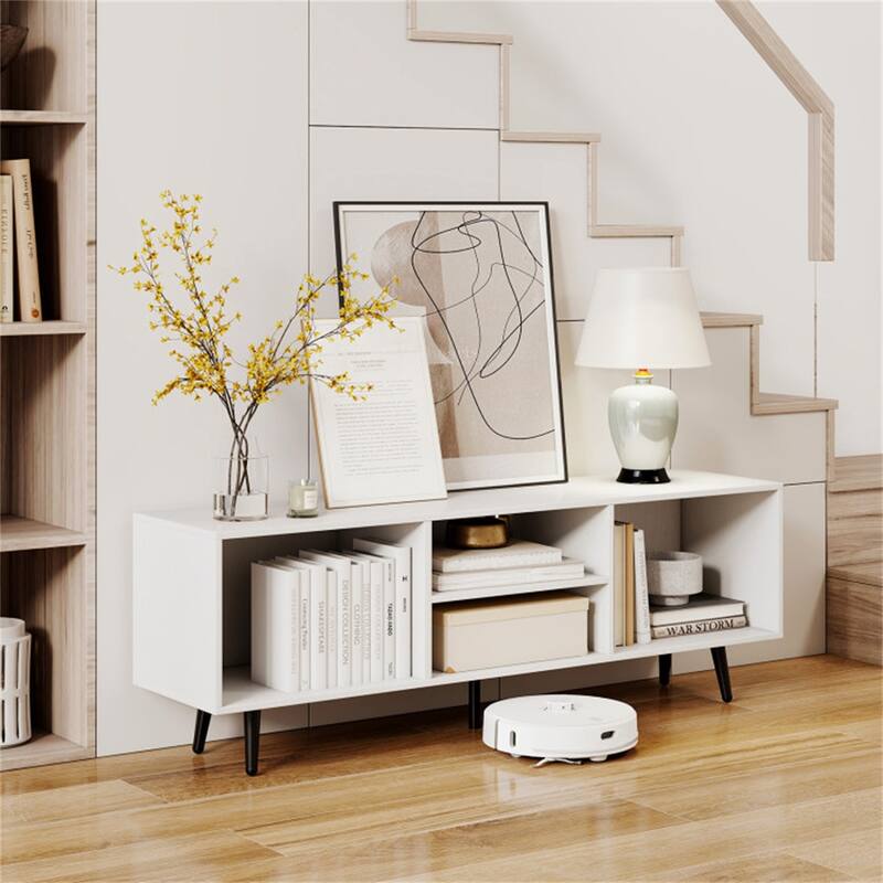 Modern White and Black TV Stand with Side Compartments and Middle Shelf Storage Console for TVs up to 55 Inches - White