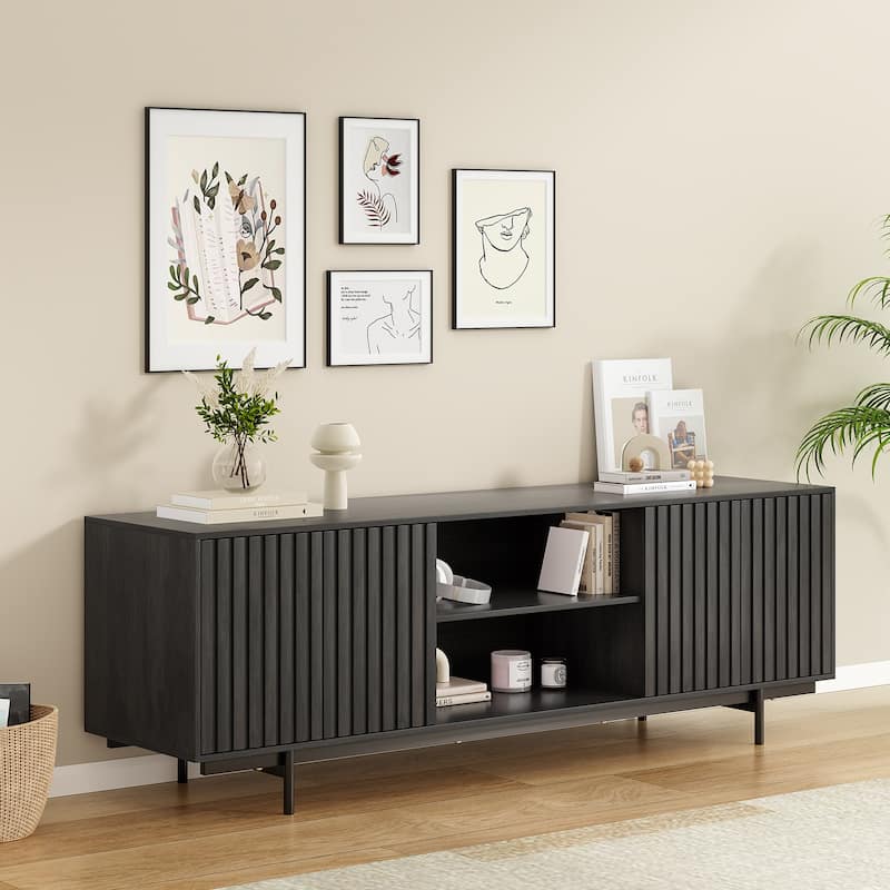 Mid Century Modern TV Stand for TVs Up to 75", Farmhouse Fluted TV Stand, Retro Wood TV Stand with Storage and Shelf