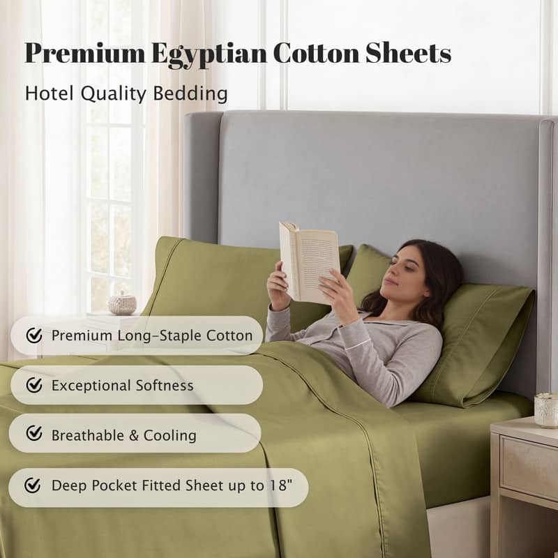 Superior Egyptian Cotton 530 TC Sheet Set Sateen Weave, Deep Pocket, Ultra‑Soft & Breathable Bedding