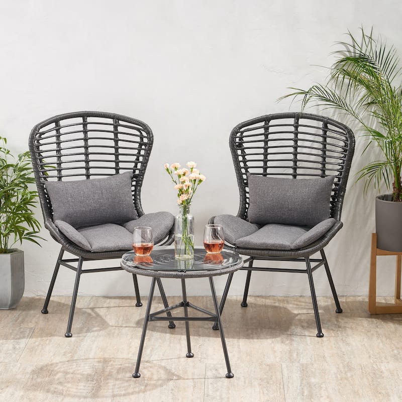 La Habra Boho 3-pc. Wicker Patio Chat Set by Christopher Knight Home - Gray+Black+Dark Gray
