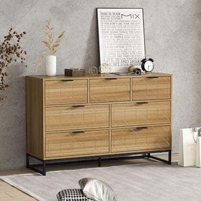 Modern 7-Drawer Dresser Walnut Wood Cabinet