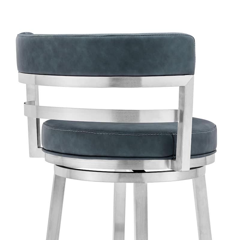 HomeRoots 26" Blue and Silver Faux Leather and Stainless Steel Low Back Counter Height Swivel Bar Chair