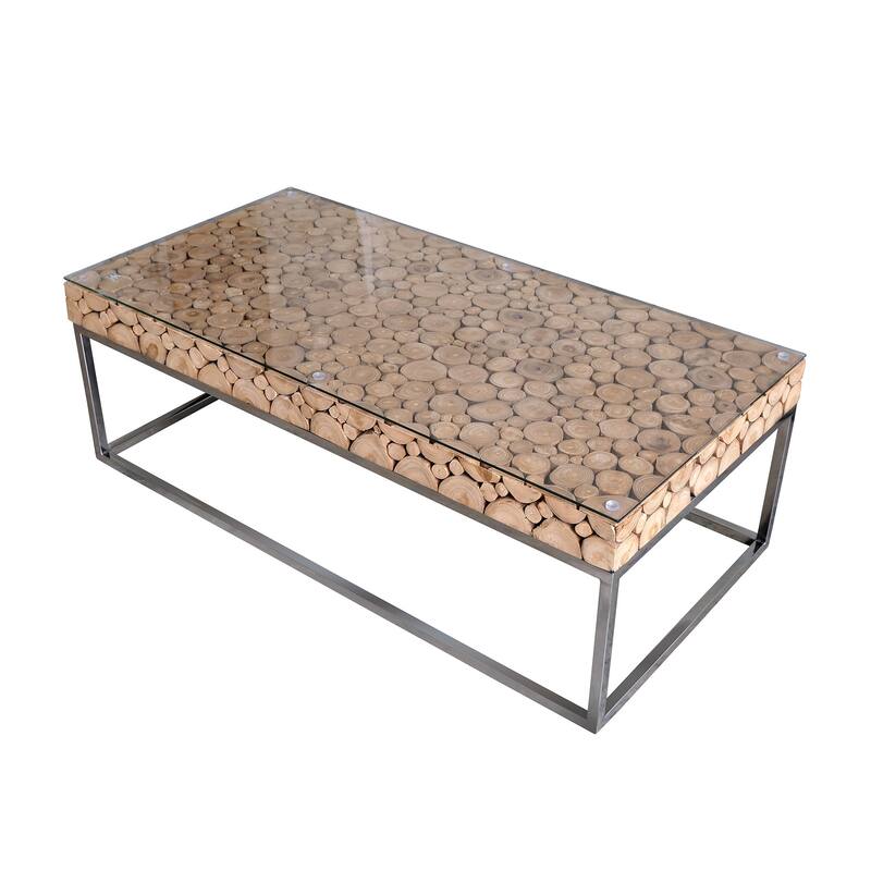 Casual Elements Branch Teak Wood And Stainless Steal Base Coffee Table With Glass Top