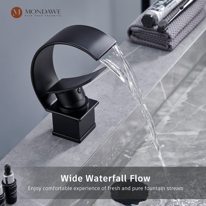 Mondawe Luxury C-Shape Arc Waterfall Spout Single Handle 8 inch Widespread Bathroom Sink Faucet With Pop-up Drain in Matte Black