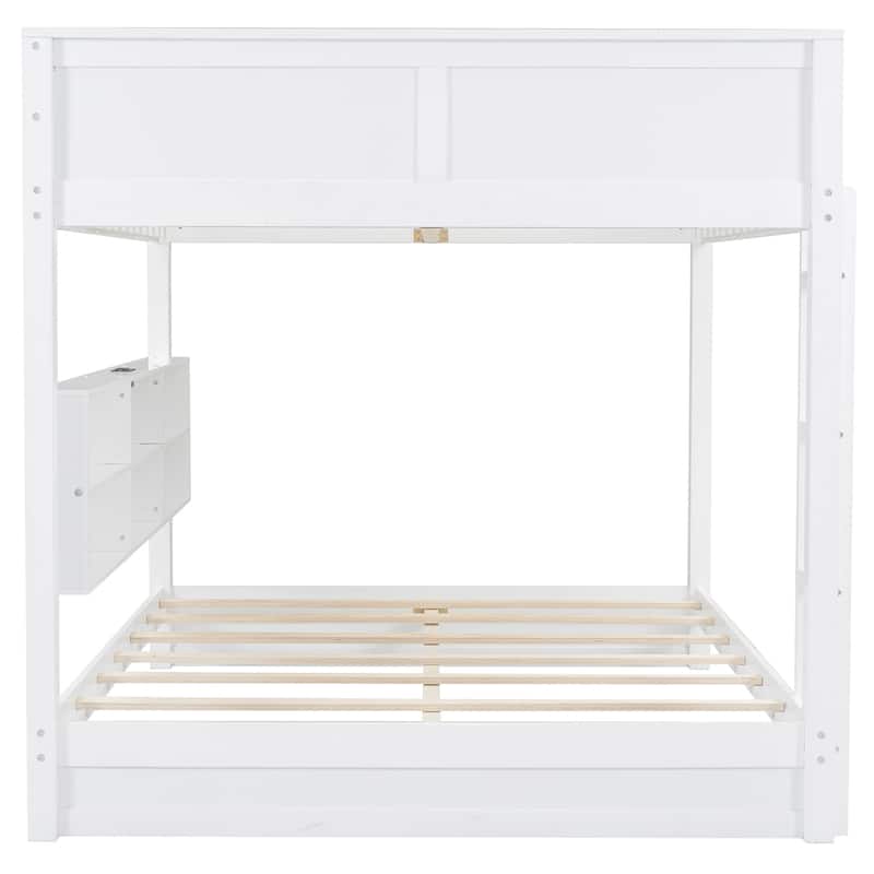 Queen over Queen Bunk Bed Superior Quality Bed Frame with 6 Storage Cabinets, Built-in USB Ports and Standard Plug Outlets
