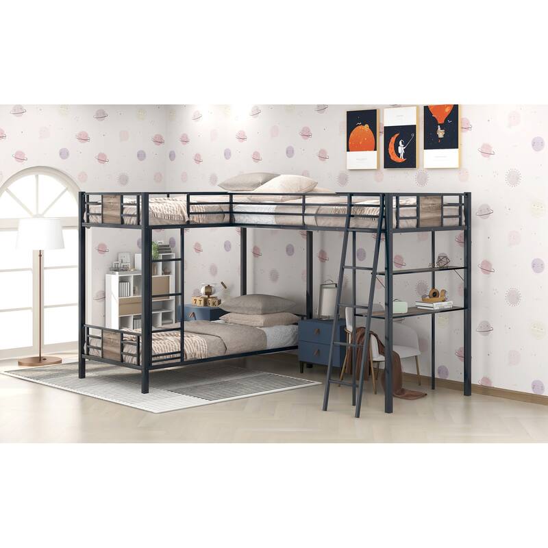 Twin Metal L-Shaped Bunk Bed with Loft, Shelves, Desk, and Guardrails