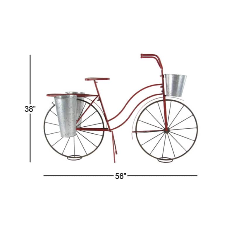 Metal Bike Indoor Outdoor Plantstand with Silver Basket and Saddle Bag Planters - Red - Roche River Decor - 21"W x 56"L x 38"H