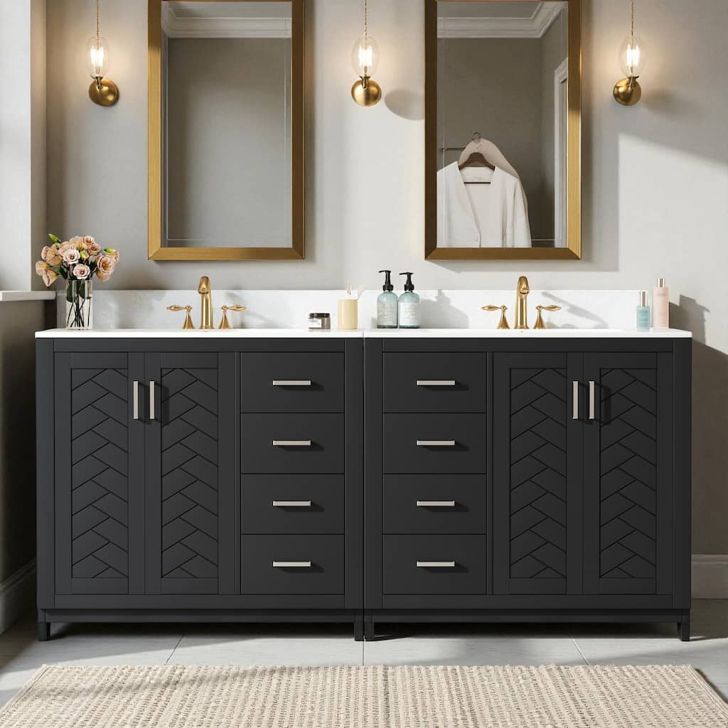 72" Solid Wood Freestanding Bathroom Vanity with Dual Ceramic Sinks, Double Storage Cabinet with Drawers and Soft-Close Doors