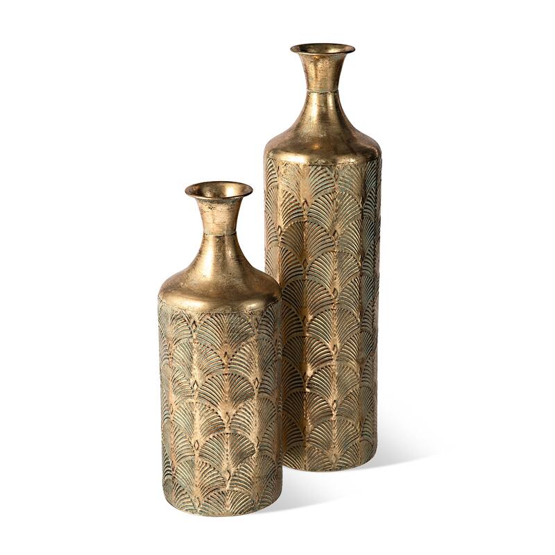 Glitzhome Set of 2 Metal Antique Gold Gingko or Verdigris Finish Floor Vases